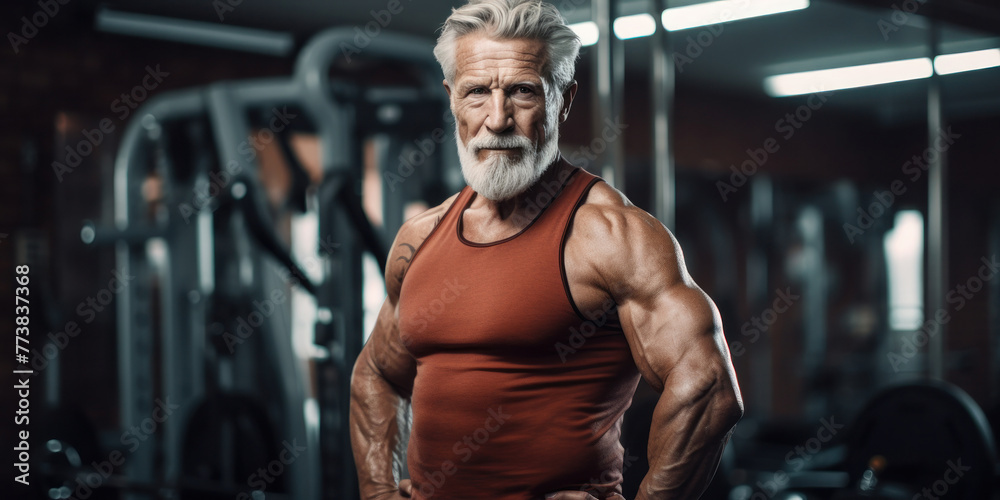 An elderly male bodybuilder stands in the gym. An elderly male bodybuilder stands in the gym.