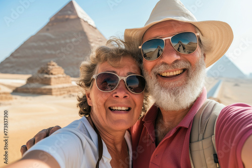 Smiling couple in hats taking a selfie with the Giza Pyramids in Egypt, representing travel and exploration