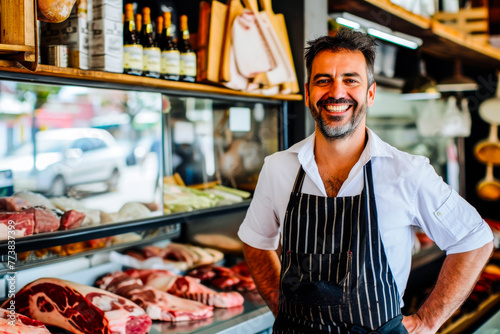 Charismatic male butcher smiling in his meat shop with an excellent variety of cuts photo