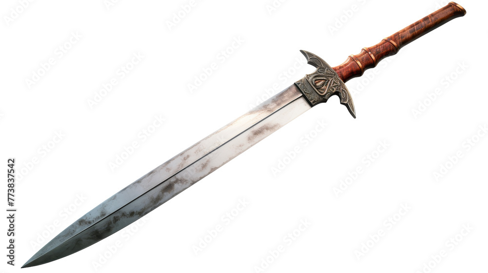 A large knife with a wooden handle resting on a pristine white background A large knife with a wooden handle resting on a pristine white background