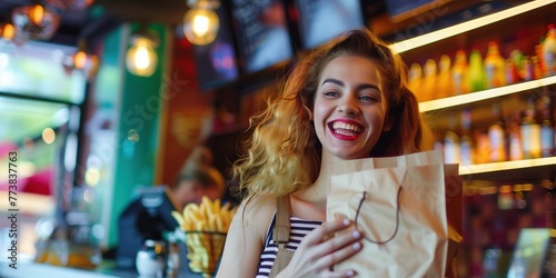 Woman Holding Paper Bag and Smiling