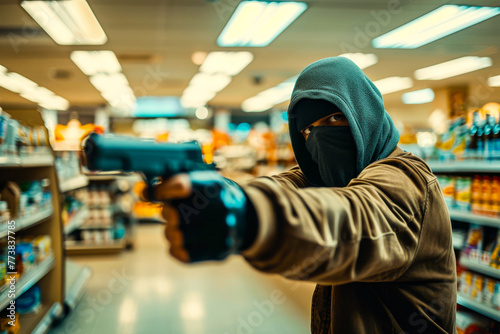 A grim-faced robber wrapped in a balaclava threatens with a handgun inside a store, depicting a grave robbery scenario