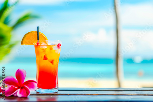 A vibrant red cocktail with fruit pieces and a tropical flower garnish on a beachside table with a sea view
