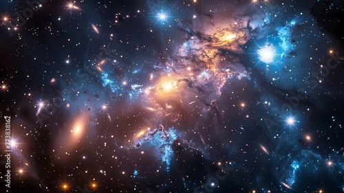 galaxies with bright stars orbiting, Generative AI