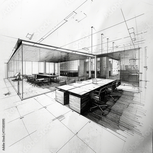 Detailed black and white sketch illustrating the design of a sleek, modern office interior, suggesting the planning phase of construction © Tixel