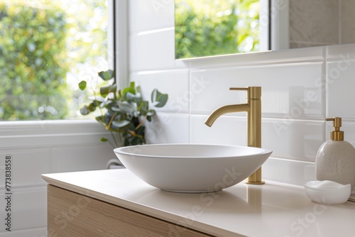 Modern and Elegant Bathroom with Brushed Brass Tap Mixer on Timber Vanity and White Basin Bowl Against White Tiled Wall