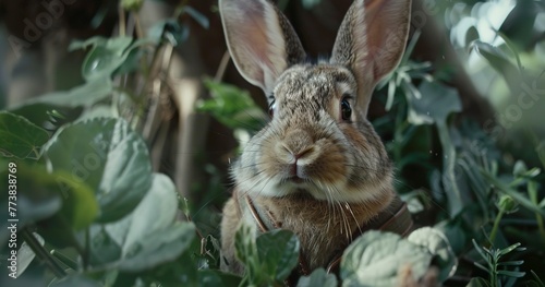 Rabbit in harness, garden adventure, close-up, curious, soft lighting, detailed fur, tranquil. - © Thanthara
