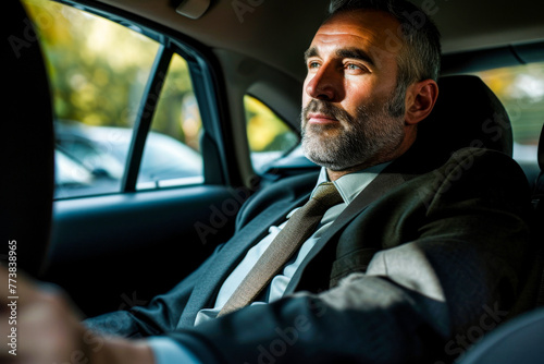 A professional man in a suit sitting in the backseat of a luxury car, face obscured for anonymity