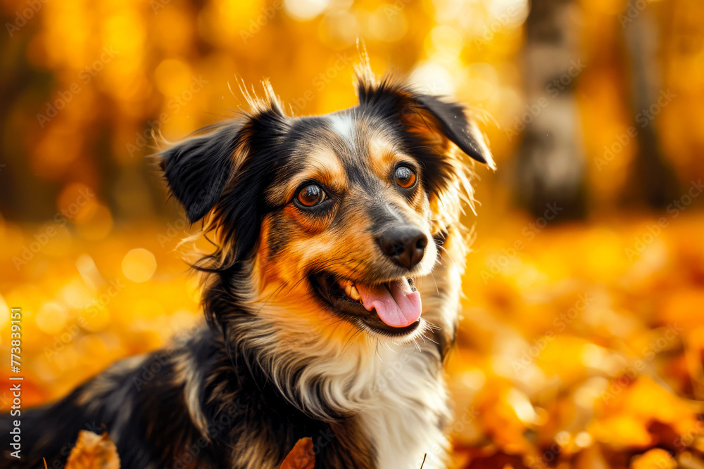 A cheerful dog smiles surrounded by vibrant golden autumn leaves, radiating joy and playfulness in the fall season
