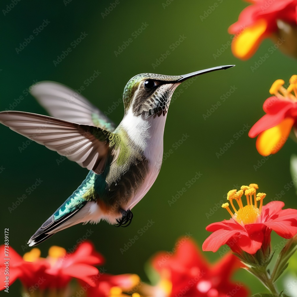 Fototapeta premium Hummingbird collects pollen in the most beautiful flower illuminated by the sun