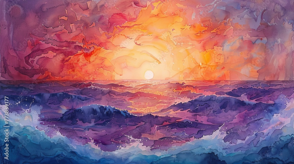 an original watercolor painting of the sunset, Generative AI
