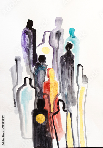 A composition of colorful human figures with a golden sun. Watercolor on white paper.