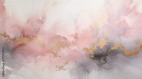 Colorful abstract painting pink and gray background with gold strokes. High texture oil paint. Watercolor marble texture. Paint splash. Colorful liquid.