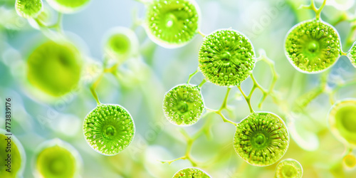 Microscopic view of green chloroplasts involved in photosynthesis, showing intricate details of thylakoid structures within plant cells. photo