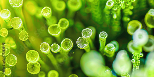 Close-up of chlorophyll-rich green plant cells with visible chloroplasts engaged in photosynthesis, shimmering with moisture bubbles. photo