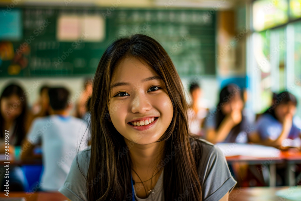 Teenage girl with a joyful smile in a high school classroom environment