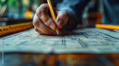 A hand sketching out a detailed blueprint for a sustainable, ecofriendly project. The blueprint features innovative designs that prioritize environmental conservation photo