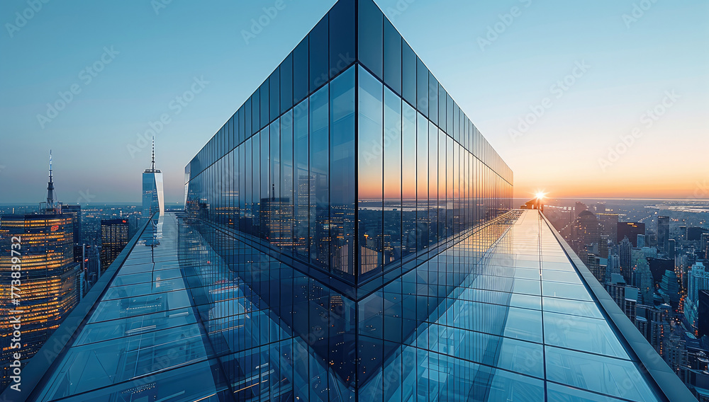 Peripheral view of sleek modern architecture, Glass facades reflect the surrounding cityscape. Generative AI.