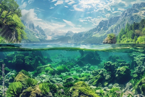 Underwater Freshwater Landscape of Lake Ecosystem in Summer  Aquatic Underwater View with Nature Background