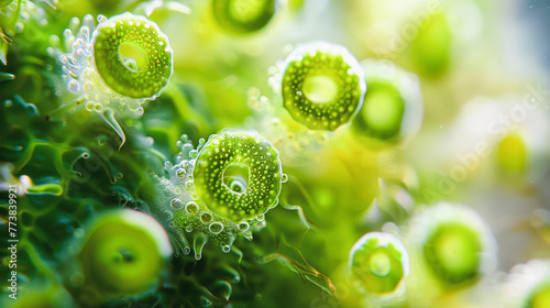 Microscopic view of green algae cells with visible chloroplasts, floating in aquatic environment, indicating photosynthesis and microscopic life forms. photo