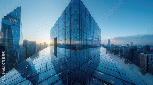 Peripheral view of sleek modern architecture, Glass facades reflect the surrounding cityscape. Generative AI. photo