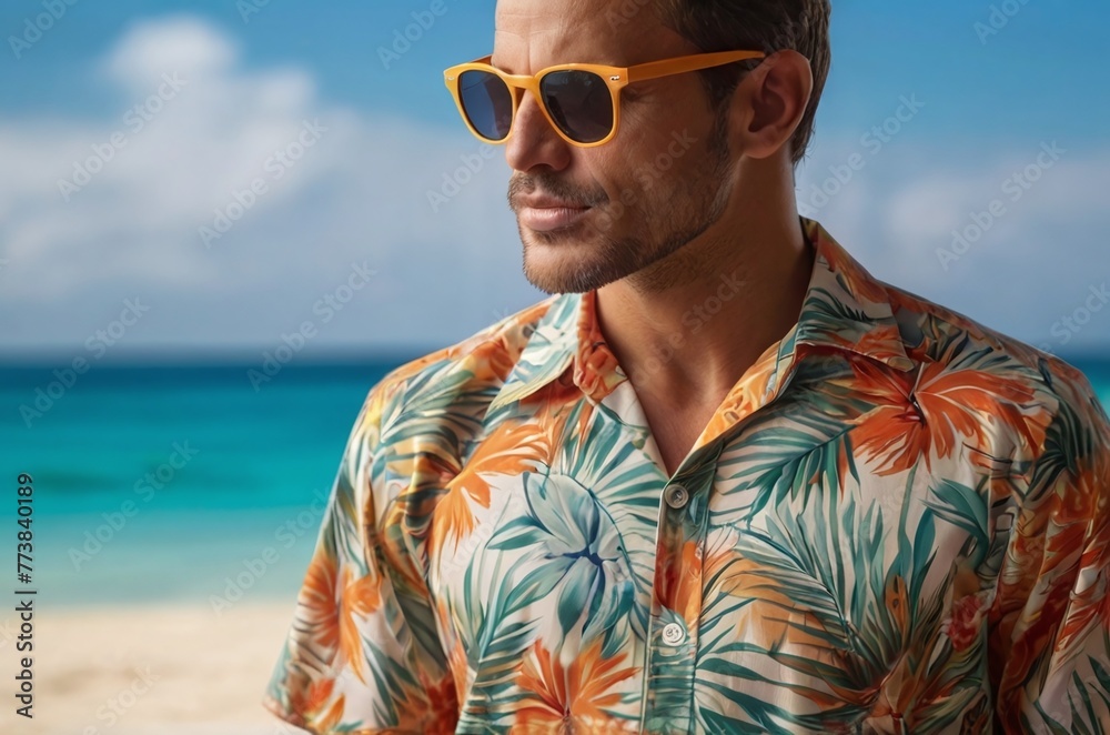 A man wearing summer shirt and sunglasses in a beach, summer vacation A man wearing summer shirt and sunglasses in a beach, summer vacation