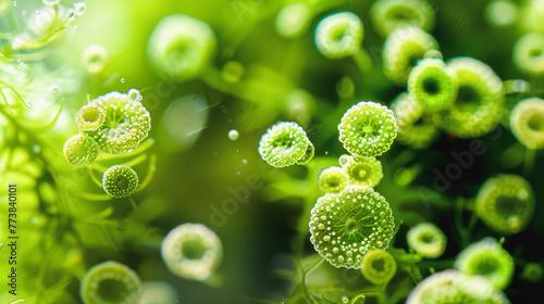 Vibrant green algae or microscopic organisms in a sunlit aquatic environment, depicting the microscopic beauty and complexity of life.