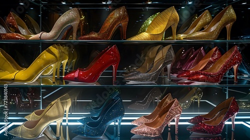 A collection of high heel shoes stands in regimented rows on sleek glass shelves. photo