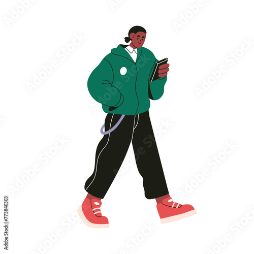 Black man using mobile phone on the go. Character holding smartphone in hand, reading on cellphone, looking at cell device, walking outdoors. Flat vector illustration isolated on white background