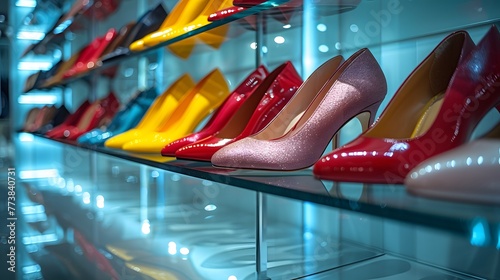 A collection of high heel shoes stands in regimented rows on sleek glass shelves. photo