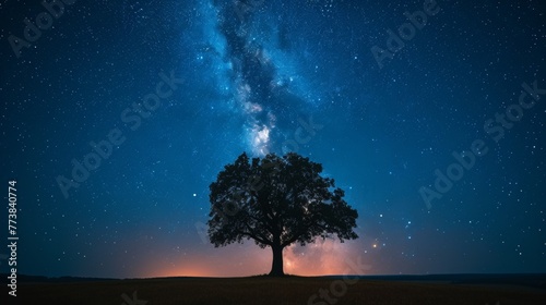 Majestic night sky with the Milky Way galaxy arching over a lone tree in an open field.