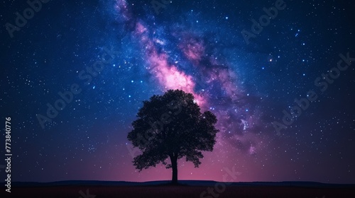 Silhouette of a single tree against a mesmerizing star-filled night sky.