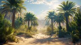 A desert oasis with palm trees and a clearing in the middle, morning light. Generative AI.
