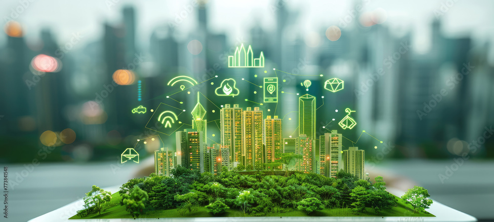 Sustainable city on a digital touch screen tablet with icons set on architecture and environmental care. Generative AI.