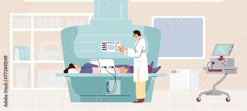 Vector illustration in the clinic, a doctor conducts an MRI scan of the abdominal cavity of a patient