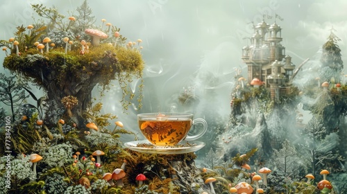Tea in abstract landscapes  surreal scenes where tea elements blend with fantastical terrains  beyond imagination
