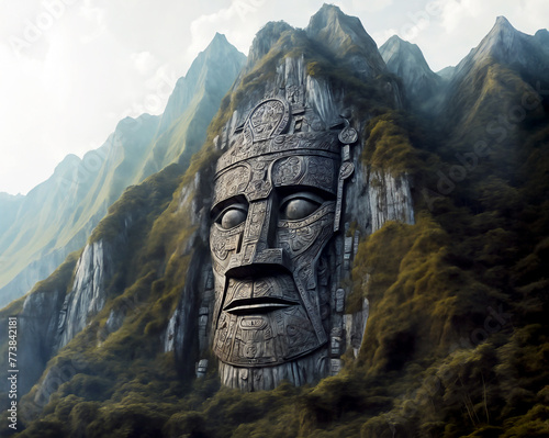 Giant face representing an ancient aztec deity carved into the rock. Fantasy art. © David