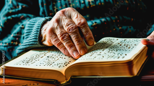 World Braille Day : An elderly person reading braille with their fingertips on an open book, signifying literacy and accessibility for the visually impaired.