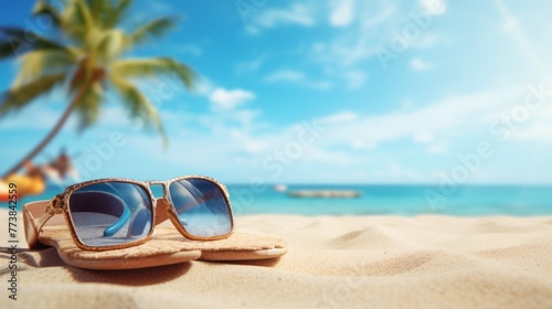 A pair of sunglasses and a pair of flip flops are on a beach