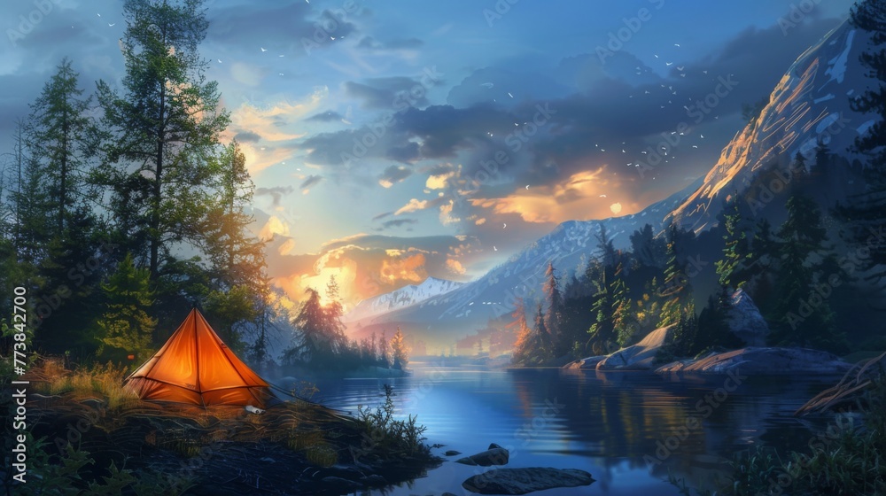 Twilight Camping by a Serene Mountain Lake
