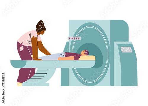 A vector design with a doctor and a small child patient and a modern device for professional MRI.