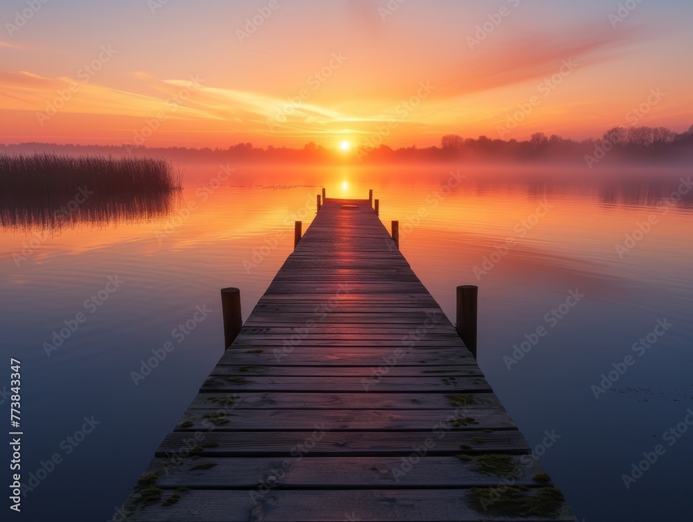 Wooden jetty extends into a calm lake reflecting a vibrant sunset with clouds painted across the sky. Wooden jetty extends into a calm lake reflecting a vibrant sunset with clouds painted across the sky.