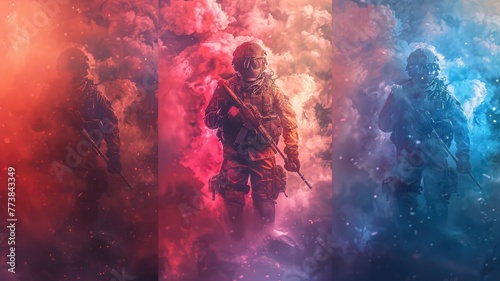 Color explosives and a tactical suit for a war game banner photo