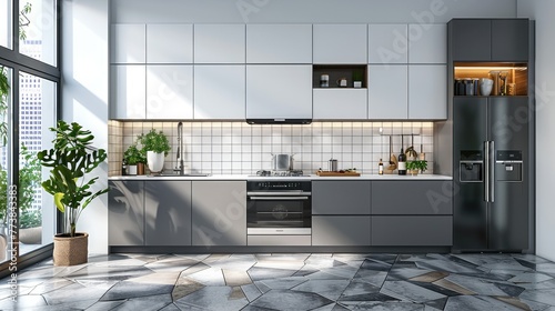 Modern kitchen with grey cabinets and white walls, interior design, simple pattern wall tiles in the background. Generative AI.