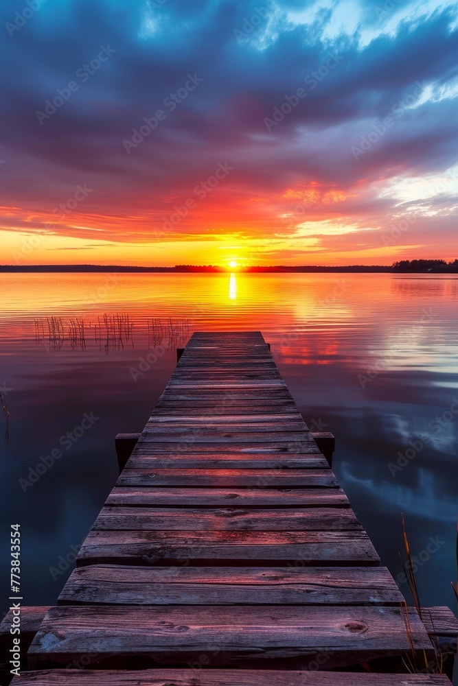 The sun sets in a blaze of color as a weathered pier leads into tranquil waters, reflecting the dramatic sky.