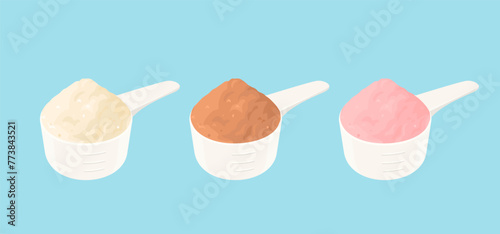 Set of spoons with whey protein powder of different flavor. Vanilla, strawberry and chocolate powder. Vector cartoon flat illustration.