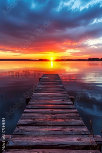 The sun sets in a blaze of color as a weathered pier leads into tranquil waters  reflecting the dramatic sky.