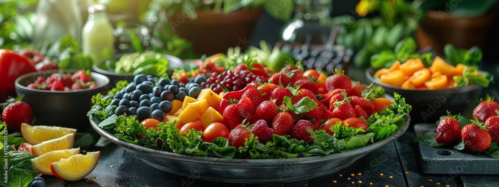 photography with lots of bright fruits and vegetable salads,