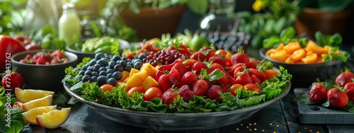 photography with lots of bright fruits and vegetable salads,