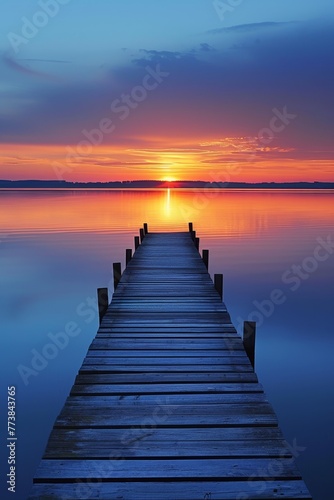 The warm glow of dawn bathes a lakeside jetty  with serene waters and reeds framing the rising sun.